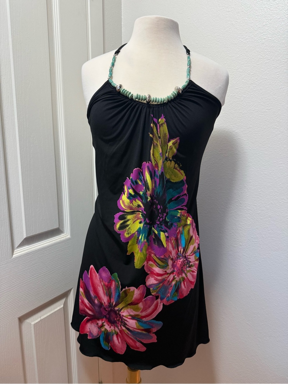 Black Floral Halter Camisole with Beaded Neckline